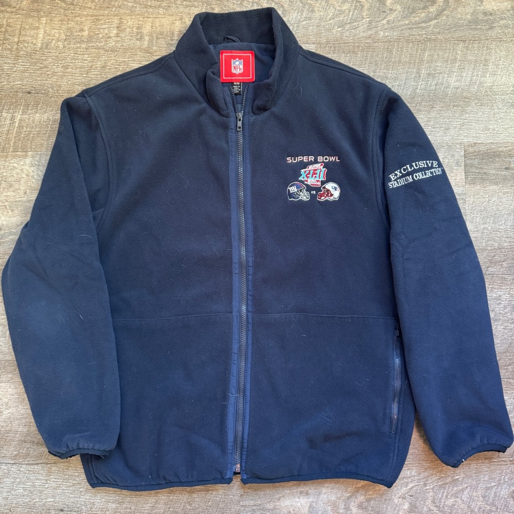 NFL Super Bowl XLII Fleece Vintage Jacket Mens Med Navy Blue Giants vs Patriots